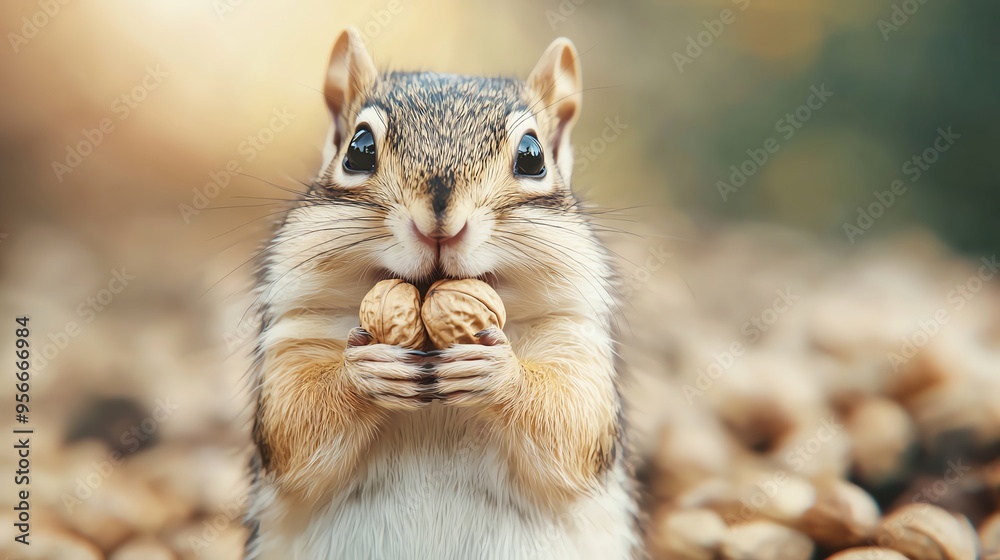 A cute squirrel holding two nuts, surrounded by scattered nuts on the ground, capturing a heartwarming wildlife moment. A cute squirrel holding two nuts, surrounded by scattered nuts on the ground, capturing a heartwarming wildlife moment.