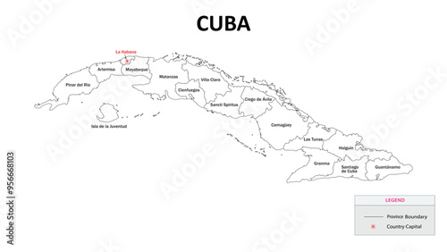 Cuba Map. State and district map of Cuba. Administrative map of Cuba with states and boundaries in white color.