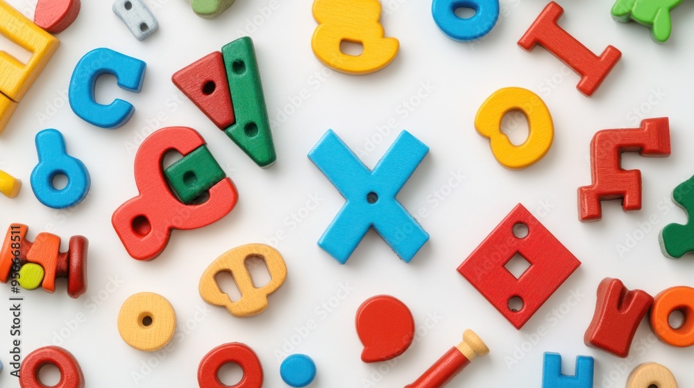 Obraz premium Colorful Wooden Alphabet Letters and Numbers on White Background