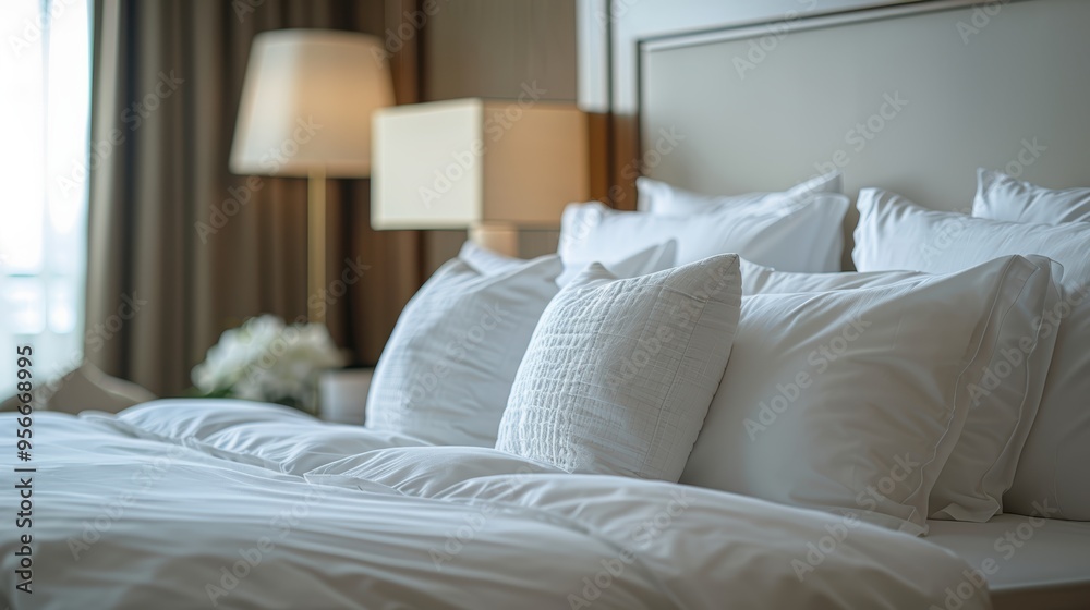 Luxurious hotel room with plush pillows and soft white bed linen for ultimate comfort Luxurious hotel room with plush pillows and soft white bed linen for ultimate comfort