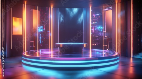 Futuristic Neon Platform Stage in Glowing Room - 3D Render.