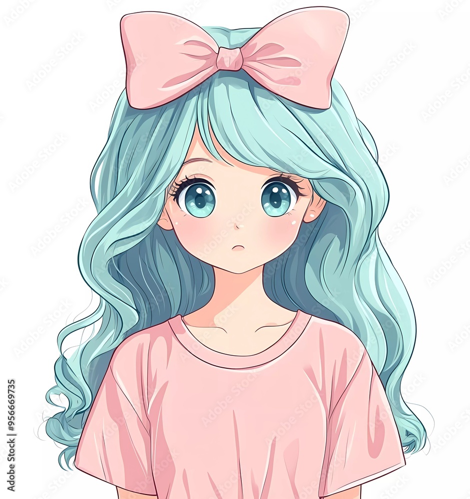 Cute girl with bow on head, pastel blue hair and pink shirt vector illustration anime style white background clipart Cute girl with bow on head, pastel blue hair and pink shirt vector illustration anime style white background clipart