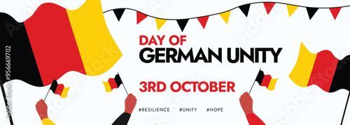 3rd October Germany Unity celebration cover banner, post with its flags, hands holding flags of Germany. The day commemorates German reunification in 1990. Vector illustration