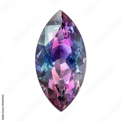 Top view of a marquise cut alexandrite isolated on a white transparent background