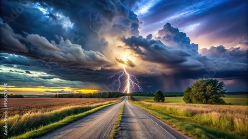 Country road under a thunderstorm Summer night landscape with roadway during bad weather, dangerous, electric, sky, weather, scenic, night, nature, clouds, drive, storm, summer