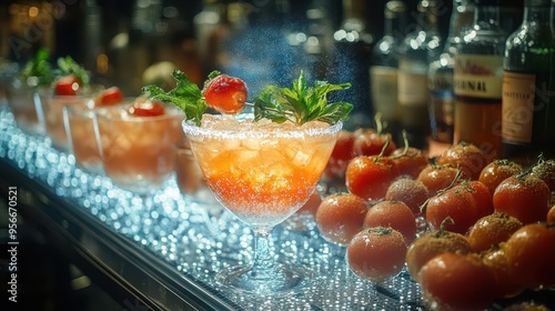 levitating cocktail ingredients assembling midair above a bar made of light with holographic recipe projections and zerogravity garnishes photo