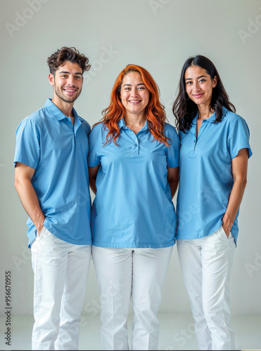 Team of Three Medical Professionals Smiling in Blue Scrubs