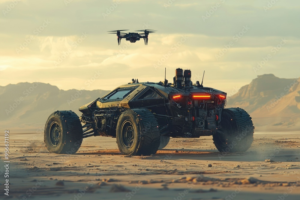 Fototapeta premium Futuristic Off-Road Vehicle with Drone Surveillance in Desert Landscape