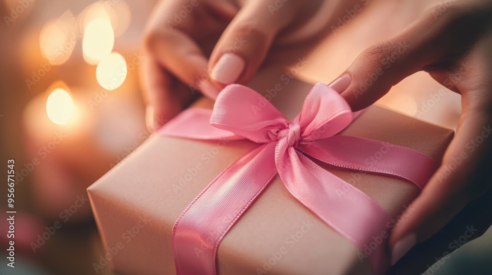 A close-up of hands gently tying a pink ribbon around a gift box, the background softly blurred with a warm golden light, symbolizing care, love, and the act of giving in support of Breast Cancer A close-up of hands gently tying a pink ribbon around a gift box, the background softly blurred with a warm golden light, symbolizing care, love, and the act of giving in support of Breast Cancer