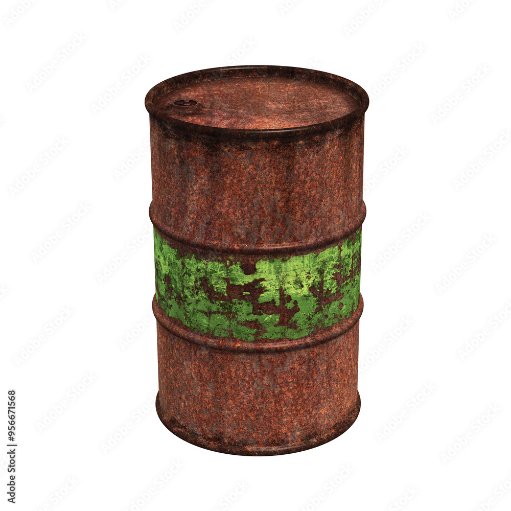 A rusty barrel with an green stripe. It is an illustration of the capacity of one of the so-called Rainbow Agents. Such agents were used as herbicides and as a toxic substance in wars. 3D Illustration A rusty barrel with an green stripe. It is an illustration of the capacity of one of the so-called Rainbow Agents. Such agents were used as herbicides and as a toxic substance in wars. 3D Illustration