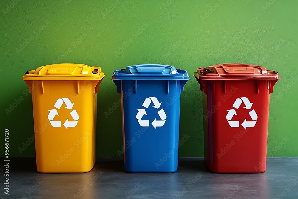 Three colorful recycling bins with recycle symbol in front of green wall. Three colorful recycling bins with recycle symbol in front of green wall.