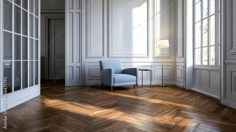 Living room with wood table, dark wall and parguet flooring, 3d rendering with blue armchair and black lamp Living room with wood table, dark wall and parguet flooring, 3d rendering with blue armchair and black lamp