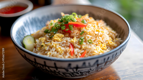 Classic egg fried rice, served with a side of soy sauce and pickled ginger