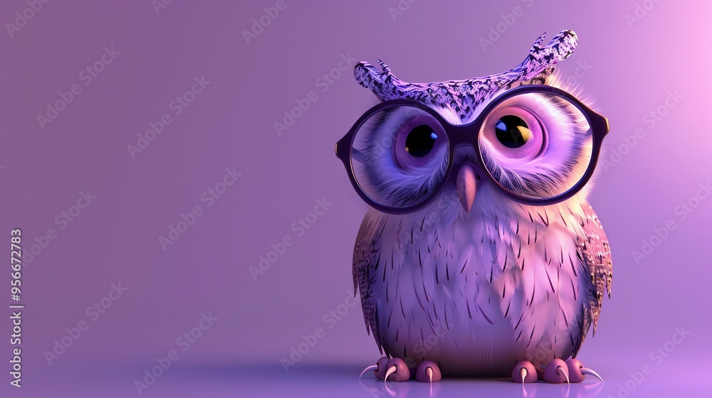 A cartoon owl wearing round glasses against a purple background. A cartoon owl wearing round glasses against a purple background.