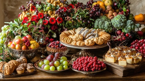 A bountiful table filled with a variety of fresh fruits, vegetables, and baked goods.