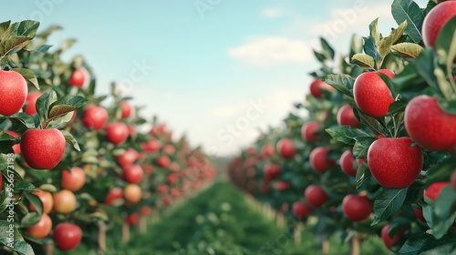 A vibrant apple orchard with rows of ripe red apples under a clear blue sky, showcasing natural beauty and abundance.