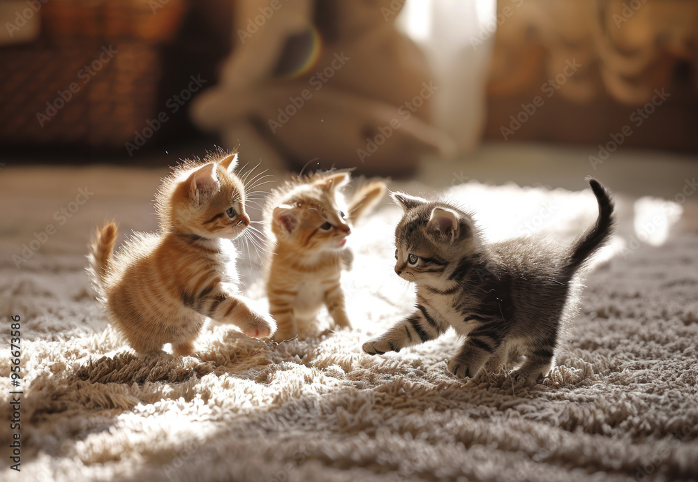 Obraz premium Playful kittens in sunlit room on soft rug adorable and cute baby cats playing indoors