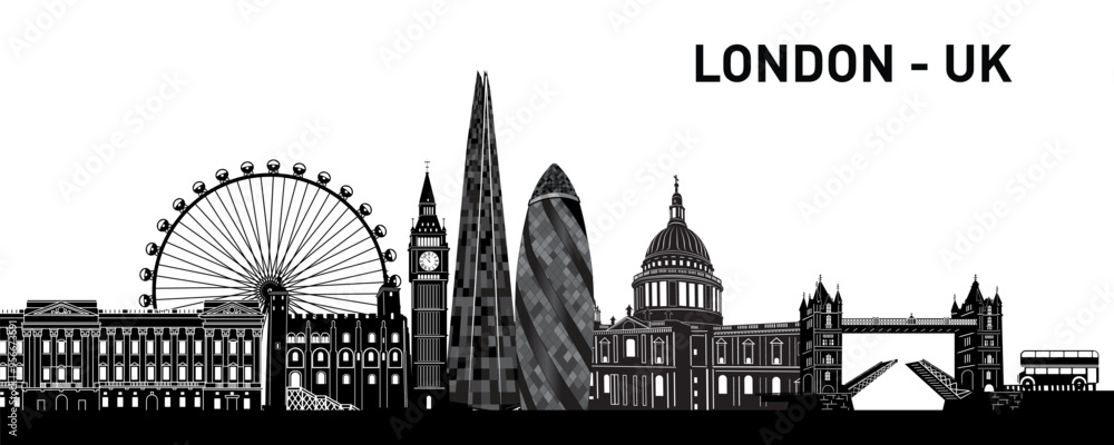 Fototapeta premium A vector of London's iconic skyline, featuring historic structures and landmarks—perfect for tourism branding, marketing, or custom designs. Easily editable for diverse creative projects