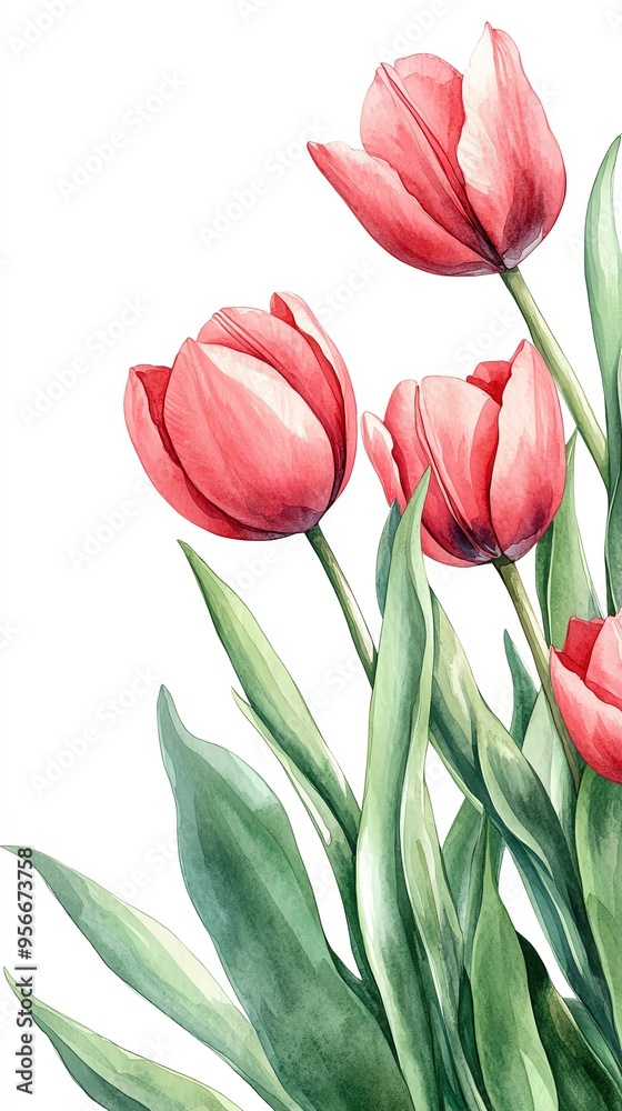 A beautiful watercolor illustration of pink tulips with green leaves, ideal for spring-themed designs and floral decorations. A beautiful watercolor illustration of pink tulips with green leaves, ideal for spring-themed designs and floral decorations.