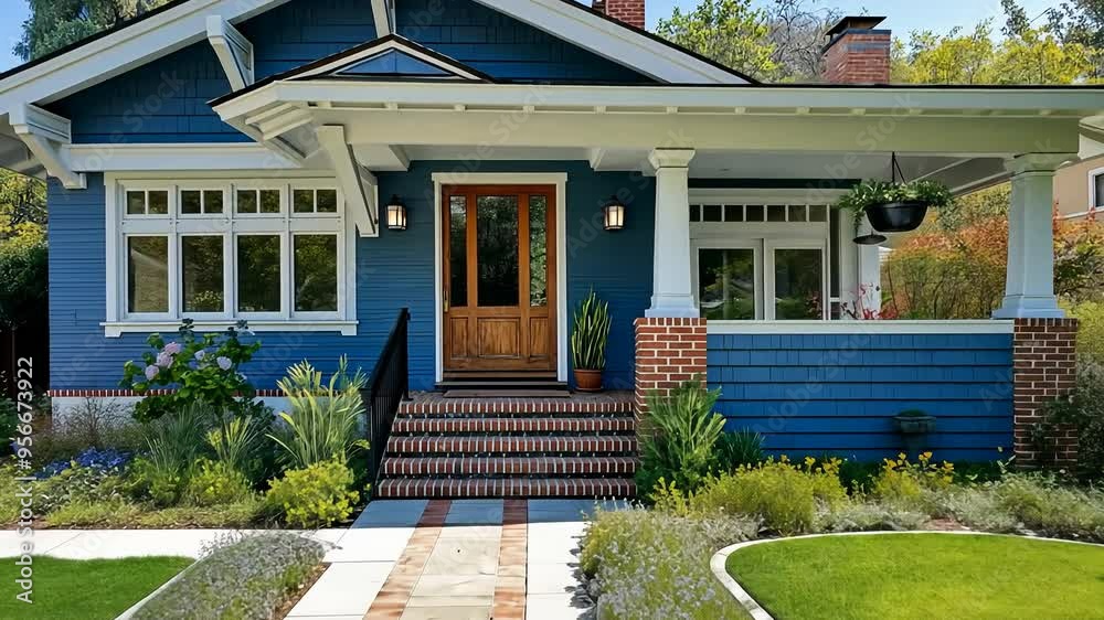 A blue house with a white trim and a porch. The house has a brick ...