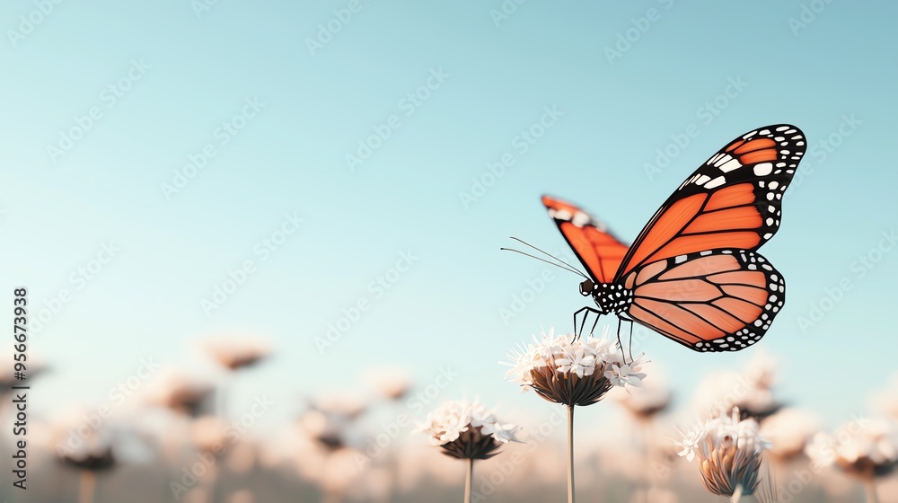 A vibrant butterfly rests delicately on a blooming flower against a clear sky, symbolizing nature's beauty and tranquility. A vibrant butterfly rests delicately on a blooming flower against a clear sky, symbolizing nature's beauty and tranquility.