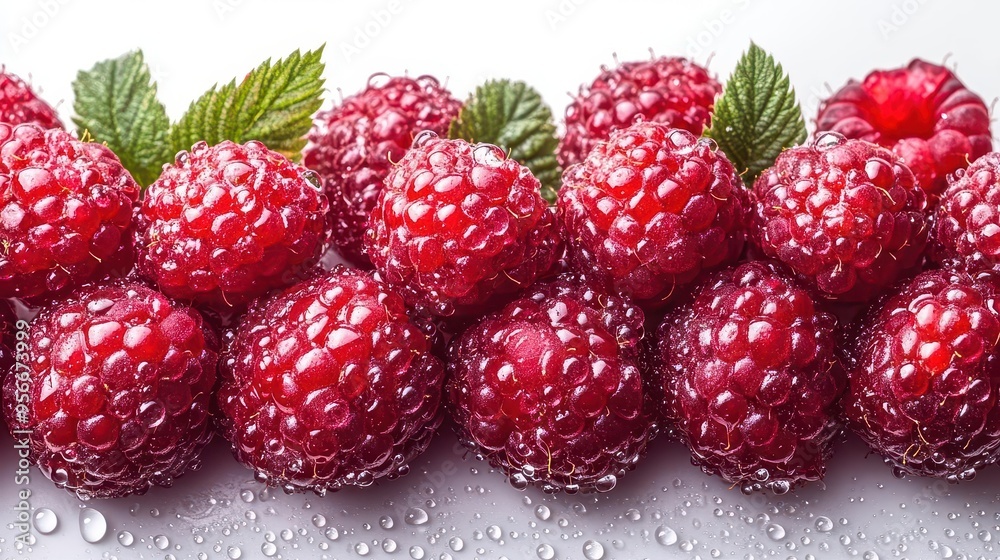 luscious red raspberries scattered artfully extreme closeup details dewdrops glistening pure white backdrop fresh and appetizing fruit composition luscious red raspberries scattered artfully extreme closeup details dewdrops glistening pure white backdrop fresh and appetizing fruit composition