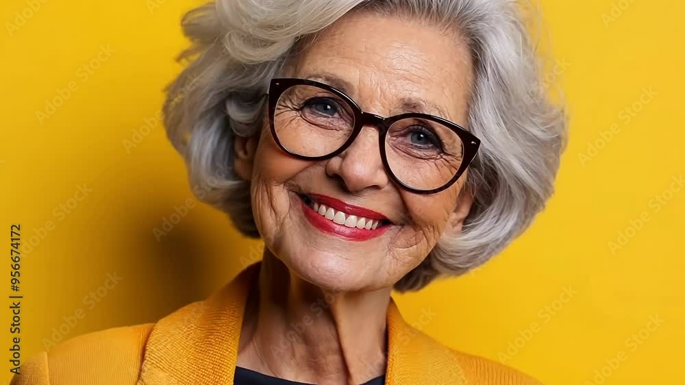 A woman with short gray hair and glasses is smiling and looking up at the camera. She is wearing an orange jacket and a black shirt