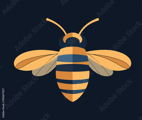 Bee on Dark Background Flat Vector Illustration