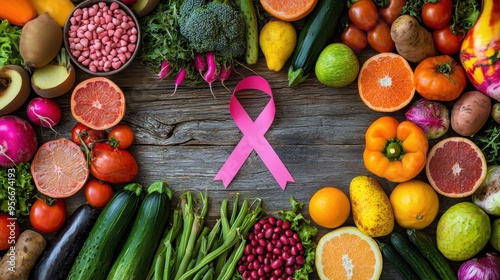 A colorful and lively food spread featuring healthy fruits and vegetables arranged on a rustic wooden table with a pink ribbon centerpiece emphasizing the importance of nutrition in breast cancer photo