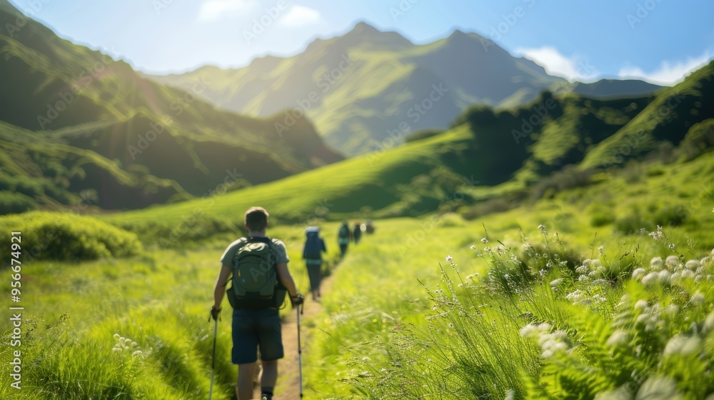 Obraz premium Hikers trekking through scenic mountain landscape on a sunny day