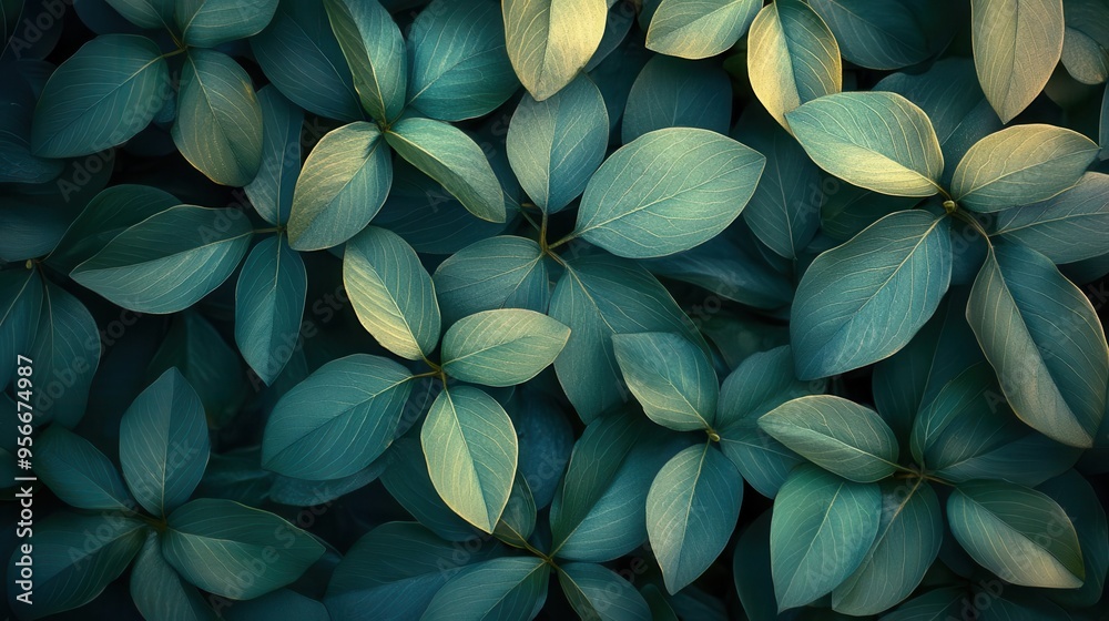 lush jungle foliage in muted dreamlike color palette overlapping leaves create intricate patterns and textures soft focus and color toning evoke serene otherworldly atmosphere