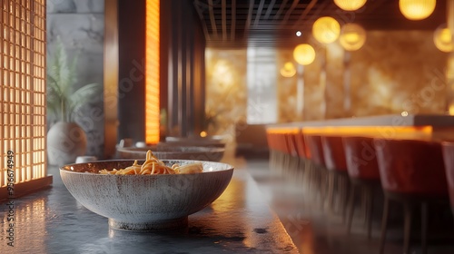 A cool-toned restaurant atmosphere with intricate 3D-rendered noodle bowls