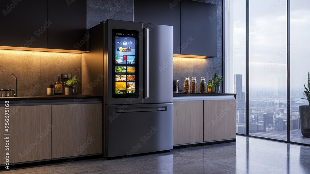 Modern Kitchen with Smart Refrigerator and City View Modern Kitchen with Smart Refrigerator and City View