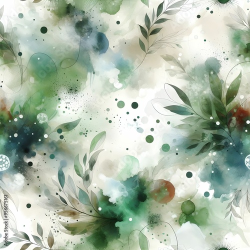 A seamless abstract digital watercolor artwork in green and white, featuring flowing blots, splashes, strains, and drops of color, creating a calming and dynamic visual effect.