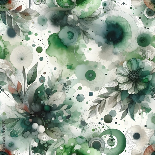 A seamless abstract digital watercolor artwork in green and white, featuring flowing blots, splashes, strains, and drops of color, creating a calming and dynamic visual effect.