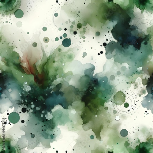 A seamless abstract digital watercolor artwork in green and white, featuring flowing blots, splashes, strains, and drops of color, creating a calming and dynamic visual effect.