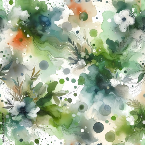 A seamless abstract digital watercolor artwork in green and white, featuring flowing blots, splashes, strains, and drops of color, creating a calming and dynamic visual effect.