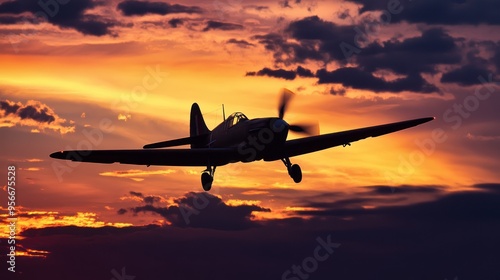 Propeller airplane in sunset, silhouette against colors