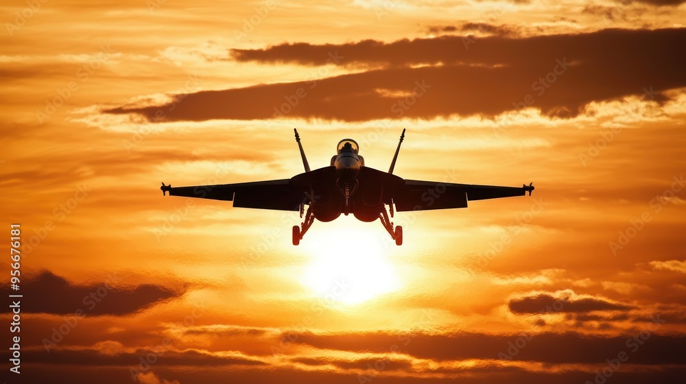 Silhouette fighter jet soaring in sunset sky vibrant hues Silhouette fighter jet soaring in sunset sky vibrant hues