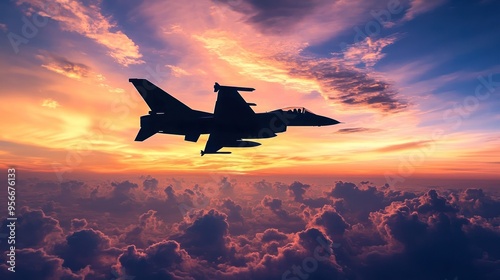 Military jet aircraft ascends above dense evening clouds