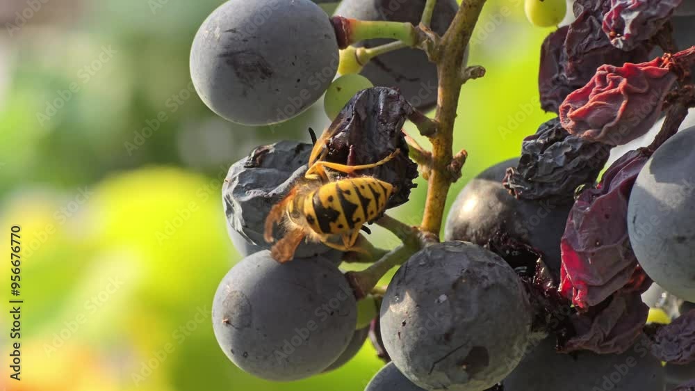 Close-up of a wasp feeding on ripe grapes, with a softly blurred background. The image highlights the contrast between the detailed insect and the bokeh effect, capturing nature in action.