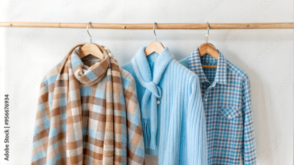 Warm clothing collection on hangers with a cozy atmosphere on a neutral background Warm clothing collection on hangers with a cozy atmosphere on a neutral background