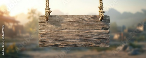 Rustic saloon sign mockup, wooden plank with rope hanging, western town backdrop, blank space for text, 3D illustration