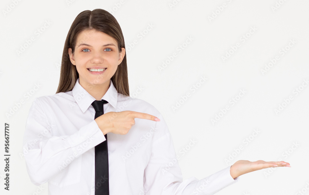 European young woman pointing side in white background European young woman pointing side in white background