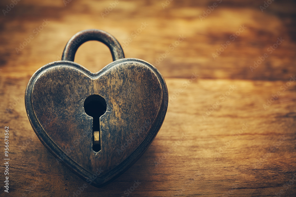 a heart shaped lock, placed on a wooden table, design for the concept of Valentine a heart shaped lock, placed on a wooden table, design for the concept of Valentine
