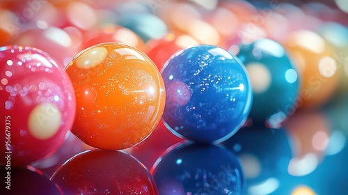 macro photograph of billiard balls creating abstract lines and patterns vibrant colors blend and refract transforming a familiar object into a mesmerizing artistic composition photo