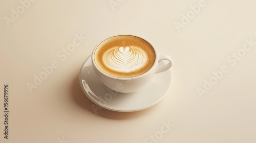 Artistic cappuccino presentation with latte art design in a white cup.