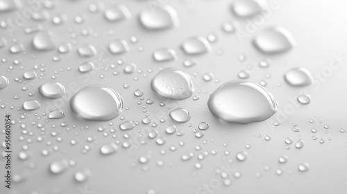 macro photograph of water droplets crystal clear spheres isolated on pure white background high contrast sharp focus captures intricate light refraction and surface tension details