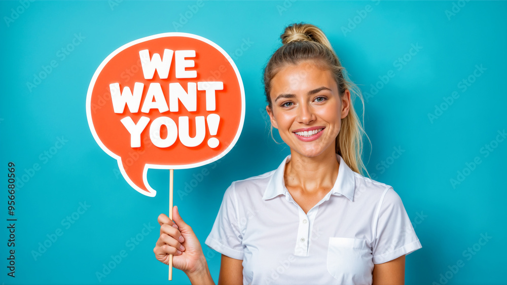 Blonde Nurse Holding 'We Want You' Speech Bubble Sign for Job Recruitment Blonde Nurse Holding 'We Want You' Speech Bubble Sign for Job Recruitment