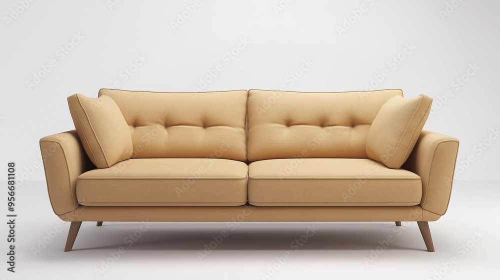 Obraz premium Modern upholstered sofa in sandy shade with Scandinavian style cushions on white background with copywriting